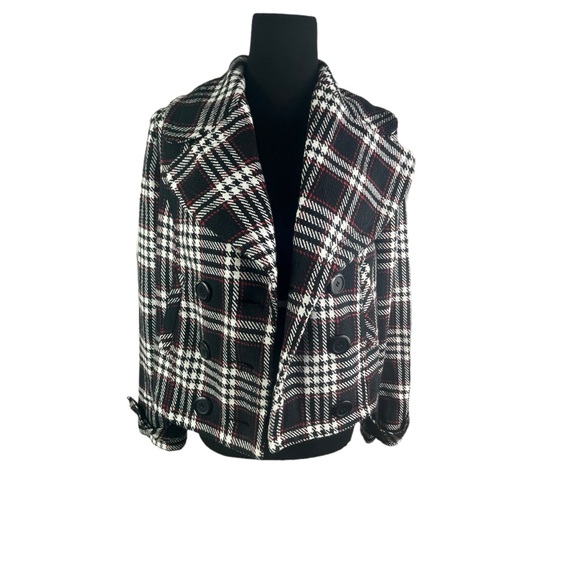 Wet Seal Peacoat Cotton Blend Double Breasted Plaid Cropped Collared Jacket - Picture 4 of 13